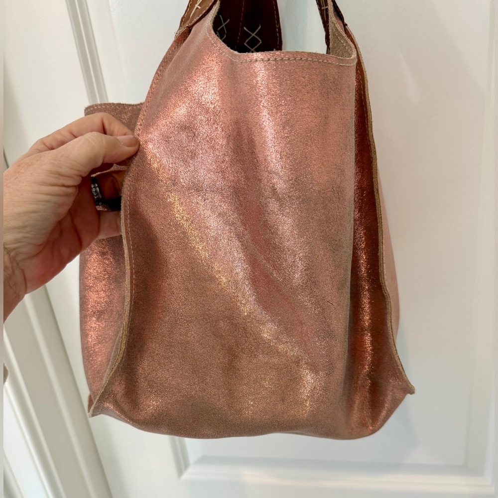 Joji & Co Santa Cruz RoseGold Metallic Suede and Brown Knitting Project Tote Bag - Picture 5 of 11